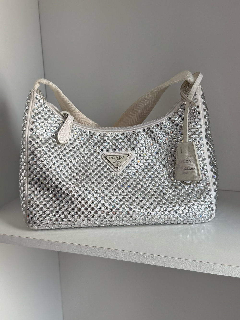 Prada Re-Edition 2000 Crystal Satin Shoulder Bag White Silver
